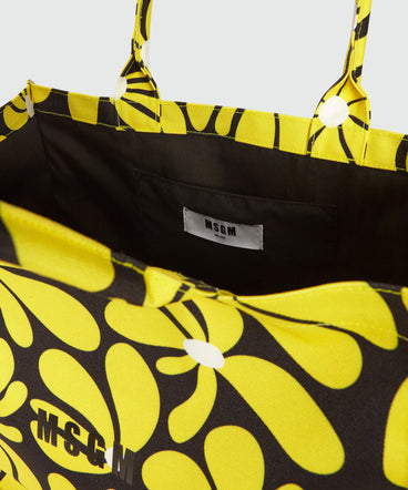 Borsa tote in canvas nero e motivo fiori gialli