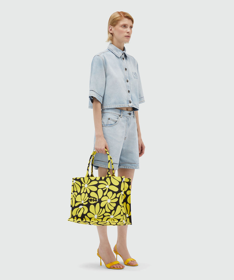 Tote bag in black canvas and yellow flower motif YELLOW Women 