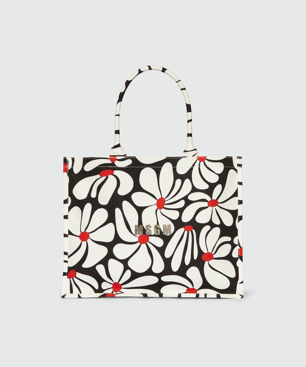 Borsa tote in canvas nero e motivo fiori bianchi