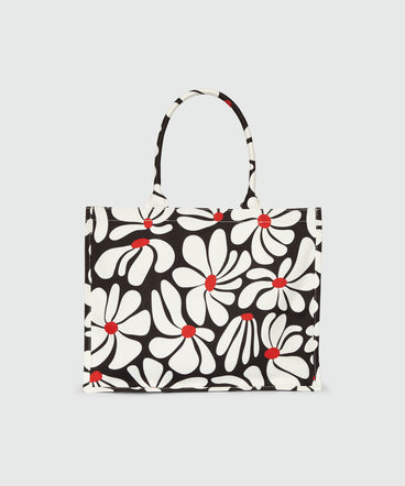 Borsa tote in canvas nero e motivo fiori bianchi