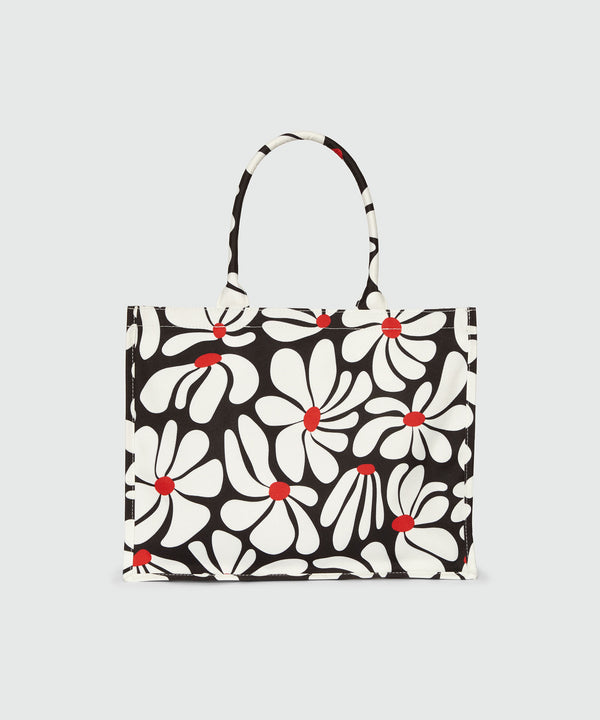 Borsa tote in canvas nero e motivo fiori bianchi