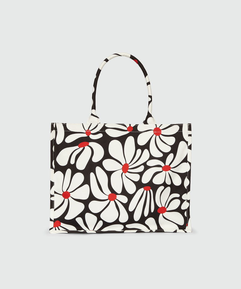 Borsa tote in canvas nero e motivo fiori bianchi ROSSO Donna 