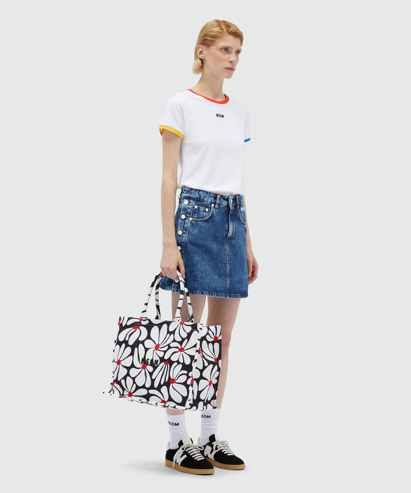 Tote bag in black canvas and white flower motif RED Women 