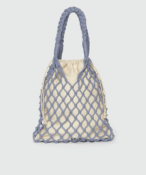 White and blue knotted rope tote bag