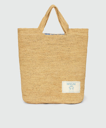 Borsa tote in rafia naturale e fodera a righe