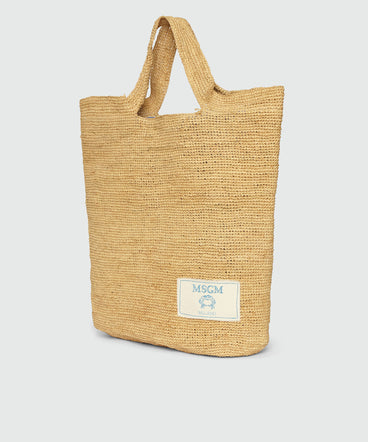 Borsa tote in rafia naturale e fodera a righe