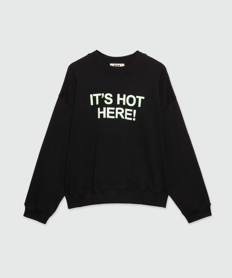 Felpa in cotone organico nero e quote "IT'S HOT HERE!" Nero Unisex 