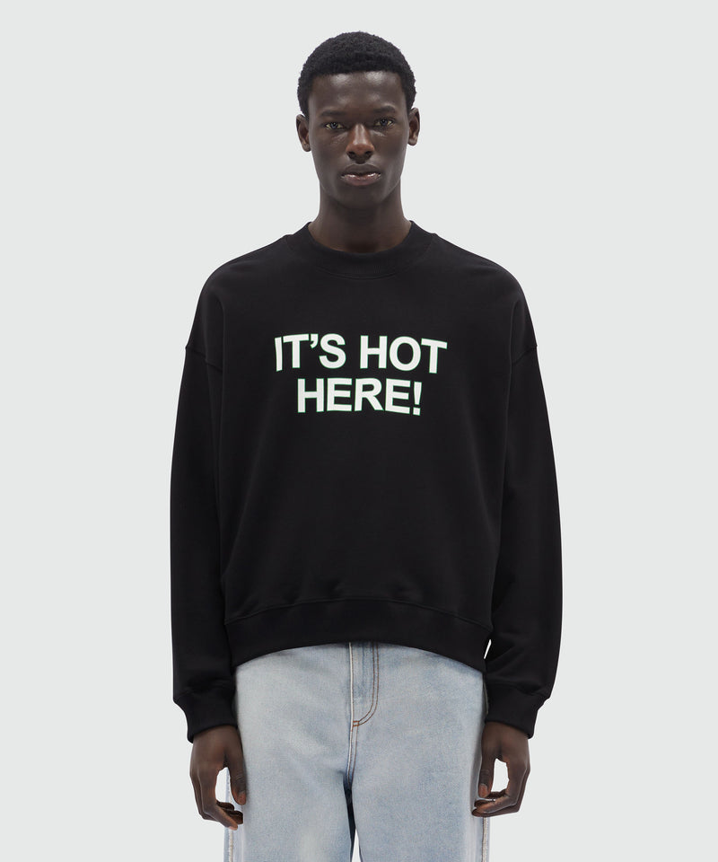 Felpa in cotone organico nero e quote "IT'S HOT HERE!" Nero Unisex 