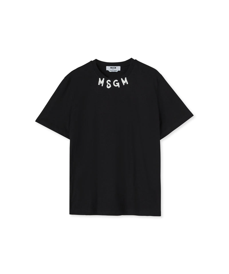 Cotton crewneck t-shirt with brushed MSGM logo at the neckline BLACK Men 