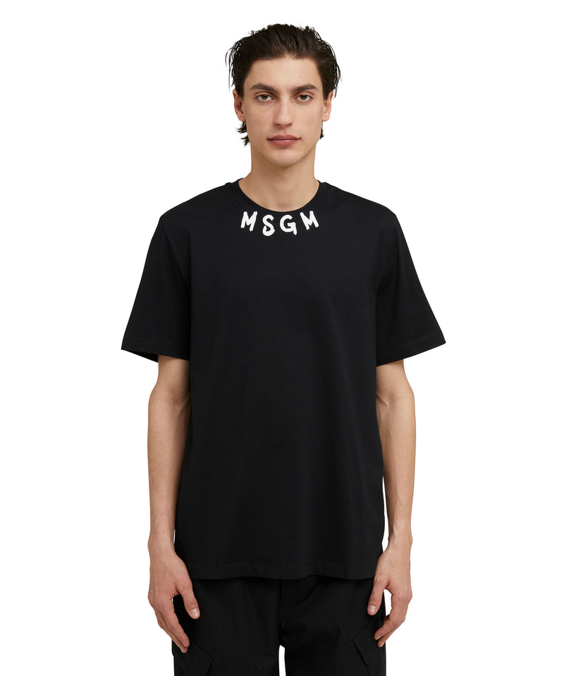 Cotton crewneck t-shirt with brushed MSGM logo at the neckline BLACK Men 