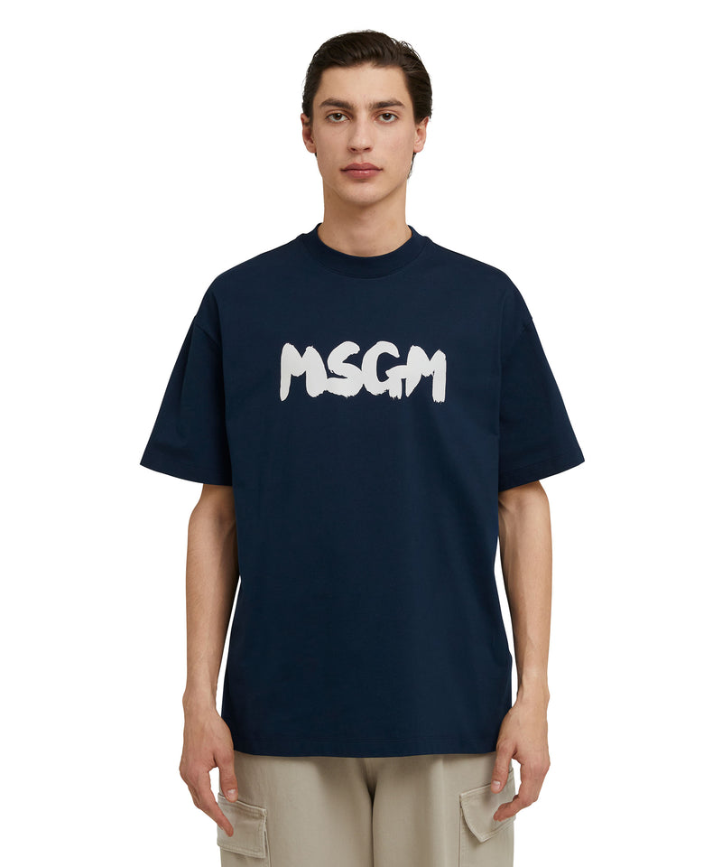 Cotton crewneck t-shirt with new MSGM brushstroke logo BLUE Men 