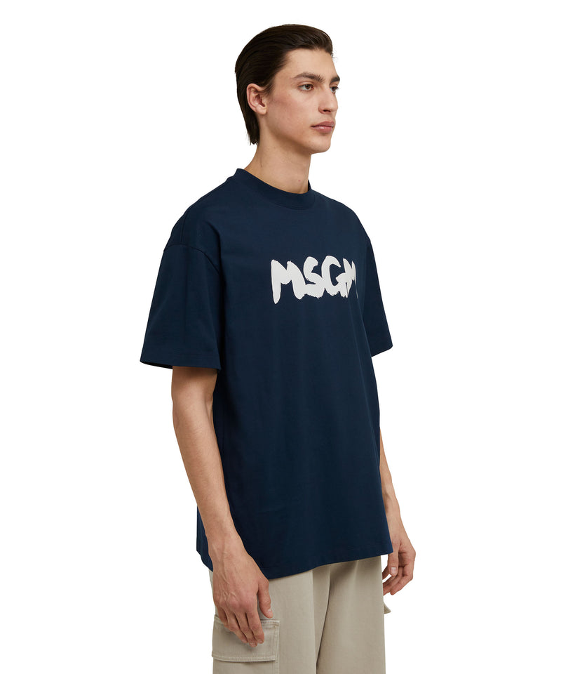 Cotton crewneck t-shirt with new MSGM brushstroke logo BLUE Men 